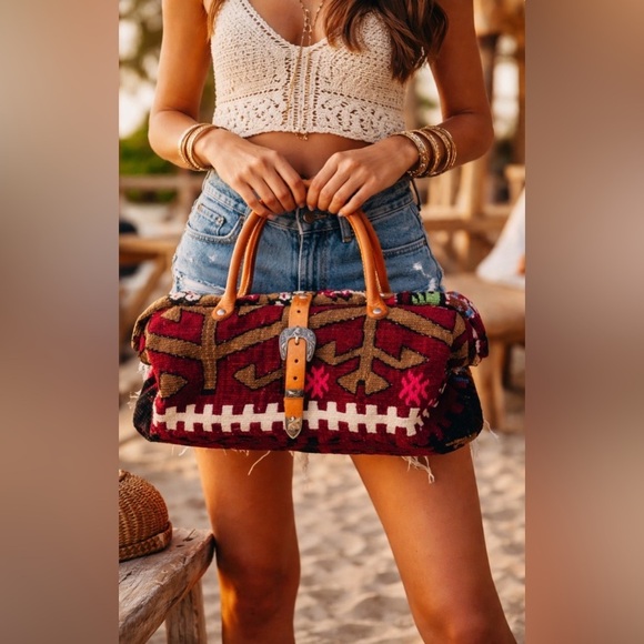 The Elephant Walk Handbags - The Elephant Walk Bag Leather Fabric Red Brown Hand Crafted